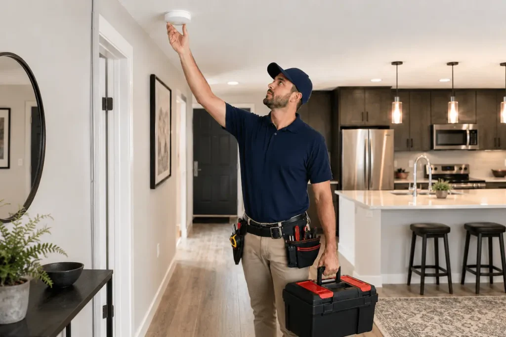 Apartment maintenance technician checking a smoke detector inside a modern rental unit.