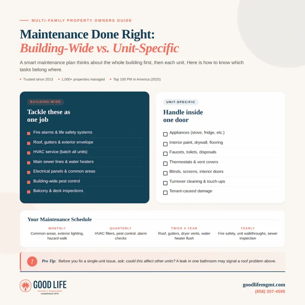 Multi family maintenance infographic comparing building-wide vs. unit-specific tasks with seasonal maintenance schedule
