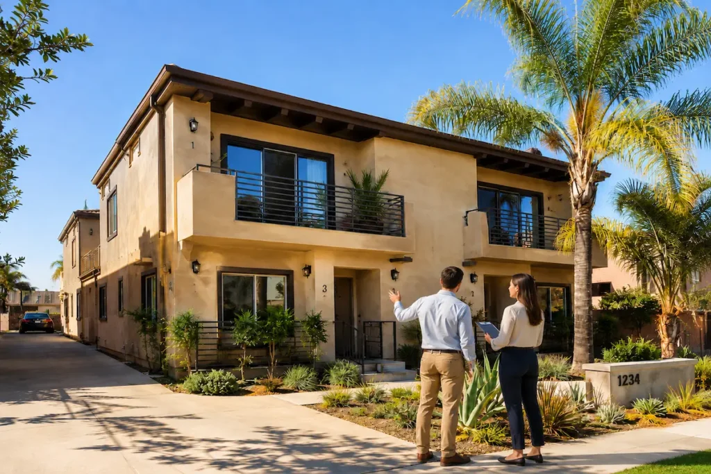 Property owner and insurance agent reviewing a Southern California fourplex for multifamily property insurance