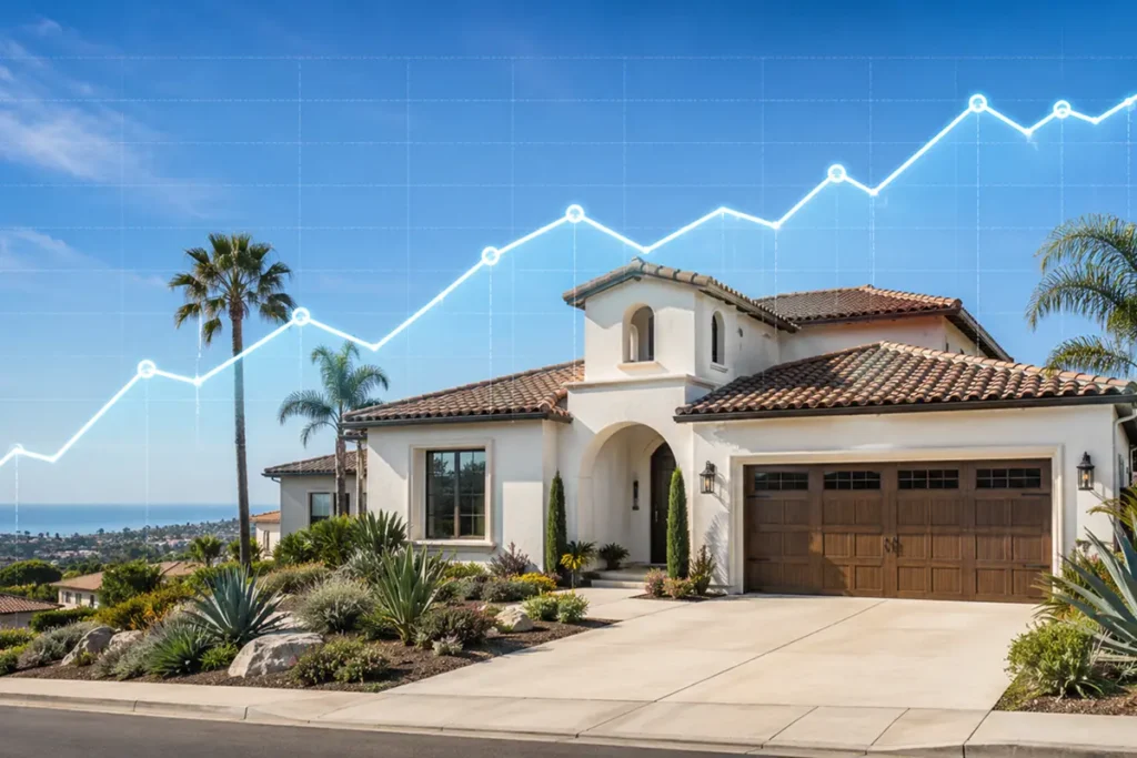 San Diego housing market trends shown with a rising line graph over a Southern California home.