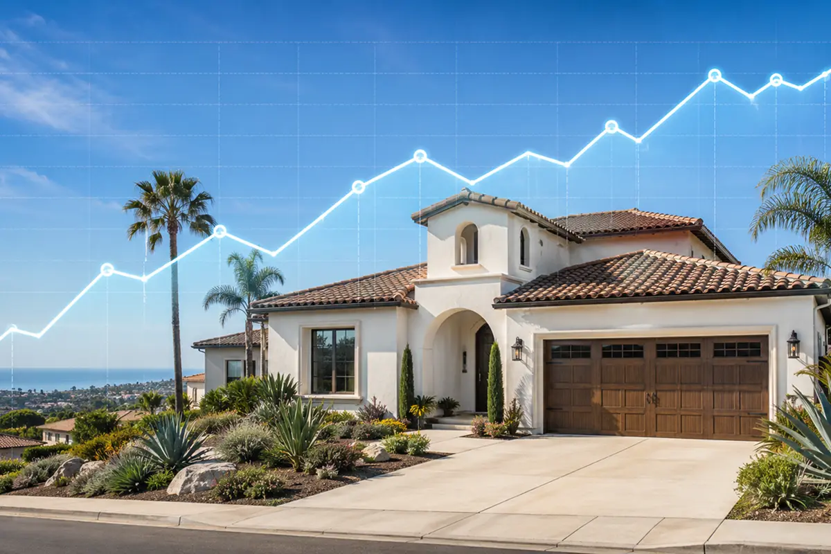 San Diego housing market trends shown with a rising line graph over a Southern California home.