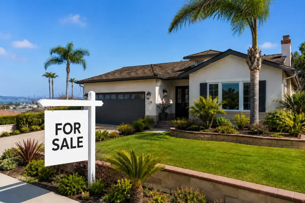 San Diego single-family home in the San Diego housing market with a for sale sign in the front yard